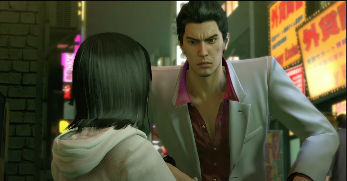 Kazuma Kiryu, main character of Yakuza Kiwami, kneels to speak to a young girl in an alleyway of Tokyo's Kamurocho district